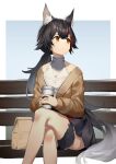  1girl absurdres animal_ears bag bangs bare_legs black_hair brown_cardigan brown_eyes cardigan closed_mouth crossed_legs cup feet_out_of_frame highres holding holding_cup hololive jewelry long_hair looking_away looking_to_the_side multicolored_hair necklace on_bench ookami_mio open_cardigan open_clothes ponytail red_hair shirt simple_background sleeveless sleeveless_shirt solo streaked_hair very_long_hair virtual_youtuber wazd0183 white_shirt wolf_ears wolf_girl 
