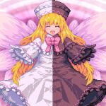  1girl :d bangs black_dress black_headwear blonde_hair bow bowtie closed_eyes dress facing_viewer fairy_wings kisasage_kouta lily_black lily_white long_hair long_sleeves lowres open_mouth pink_bow pink_bowtie pixel_art smile solo touhou white_dress white_headwear wings 