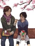  2boys azumane_asahi ball bangs black_hair blonde_hair blue_hoodie blush brown_hair cardigan cherry_blossoms chopsticks dcon_34 dyed_bangs facial_hair green_cardigan haikyuu!! highres holding holding_ball holding_bento holding_chopsticks hood hoodie male_focus multiple_boys nishinoya_yuu open_mouth petals pink_scarf scarf shorts two-tone_hoodie volleyball white_background white_shorts yaoi 