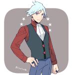 1boy alternate_costume bangs black_vest border clenched_hand closed_mouth collared_shirt commentary_request cowboy_shot green_hair grey_background grey_pants hand_on_hip jewelry looking_at_viewer male_focus necktie pants pokemon pokemon_(game) pokemon_rse red_shirt ring shirt short_hair smile solo spiked_hair star_(symbol) steven_stone vest white_border white_necktie y_(036_yng) 