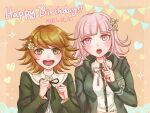  1boy 1girl :o bai_(shiratama_t) bangs black_jacket blunt_bangs breasts brown_background brown_hair danganronpa:_trigger_happy_havoc danganronpa_(series) danganronpa_2:_goodbye_despair dated dress_shirt eyebrows_visible_through_hair flipped_hair flower fujisaki_chihiro galaga green_jacket hair_flower hair_ornament hand_up happy_birthday heart highres hood hood_down hooded_jacket index_finger_raised jacket large_breasts looking_at_viewer medium_hair nanami_chiaki neck_ribbon otoko_no_ko pink_eyes pink_ribbon ribbon shirt smile teeth upper_teeth 