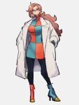  1girl alternate_hairstyle android_21 asymmetrical_footwear blue_eyes blue_footwear boots breasts checkered_clothes checkered_dress dragon_ball dragon_ball_fighterz dress full_body glasses grey_background hands_in_pockets kemachiku labcoat large_breasts long_hair long_sleeves looking_at_viewer mismatched_footwear red_footwear simple_background solo standing 
