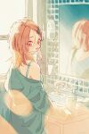  1girl 99_yen_(tsubura) absurdres bathroom blurry blurry_foreground bottle brown_hair cup day faucet hair_ornament hairclip highres indoors light long_sleeves looking_back medium_hair mirror original red_eyes reflection sink tile_wall tiles toothbrush toothpaste window 