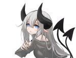  1girl bangs bare_shoulders blue_eyes commentary demon_tail grey_sweater hair_between_eyes highres horns huizhiyin long_hair long_sleeves looking_at_viewer multiple_tails off-shoulder_sweater off_shoulder original parted_lips pointy_ears silver_hair simple_background solo sweater tail two_tails upper_body white_background 