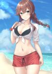  1girl beach bikini bikini_under_clothes black_bikini blue_sky blush braid breasts brown_hair cleavage closed_mouth cloud collarbone day green_eyes hand_on_own_chest highres kantai_collection large_breasts long_hair looking_at_viewer monoku navel noshiro_(kancolle) official_alternate_costume outdoors pants red_pants shirt sky smile solo stomach swimsuit twin_braids white_shirt 