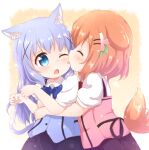  2girls ^_^ afterimage animal_ear_fluff animal_ears araki495 bangs black_skirt blue_eyes blue_hair blue_vest blush brown_hair cat_day cat_ears cat_girl cat_tail closed_eyes collared_shirt commentary_request dog_ears dog_girl dog_tail eyebrows_visible_through_hair fang gochuumon_wa_usagi_desu_ka? highres hoto_cocoa kafuu_chino kemonomimi_mode licking licking_another&#039;s_cheek licking_another&#039;s_face long_hair multiple_girls one_eye_closed open_mouth pink_vest puffy_short_sleeves puffy_sleeves rabbit_house_uniform revision shirt short_sleeves skirt tail tail_wagging uniform very_long_hair vest waitress white_shirt yuri 