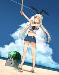  1girl animal annin_musou barefoot black_neckerchief black_panties blonde_hair blue_sailor_collar blue_skirt blush cloud cloudy_sky crab crop_top day food fruit grey_eyes hair_between_eyes highleg highleg_panties kantai_collection long_hair miniskirt navel neckerchief ocean one_eye_closed open_mouth panties pleated_skirt rensouhou-chan sailor_collar sandals school_uniform serafuku shimakaze_(kancolle) skirt sky sleeveless underwear water watermelon 