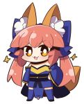  1girl :3 :d animal_ears bangs blue_bow blue_kimono blue_legwear bow chibi commentary_request detached_sleeves eyebrows_visible_through_hair fate/extra fate_(series) fox_ears fox_girl fox_tail full_body hair_bow hand_on_hip japanese_clothes kimono light_blush long_hair long_sleeves looking_at_viewer obi open_mouth pelvic_curtain pink_hair plover sash sidelocks simple_background smile smug solo sparkle split_ponytail standing tail tamamo_(fate) tamamo_no_mae_(fate/extra) thighhighs tongue v-shaped_eyebrows white_background wide_sleeves yellow_eyes zettai_ryouiki 