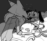  anthro bed bite black_eyes blush blush_lines blushing_profusely bodily_fluids c2ndy2c1d canid canine canis cartoon_network clenched_teeth clothed clothing collar collar_only courage_the_cowardly_dog courage_the_cowardly_dog_(character) domestic_cat domestic_dog duo embarrassed eye_contact eyebrows felid feline felis foreplay furniture holding_object imminent_sex inside interspecies junkmixart katz_(courage_the_cowardly_dog) leash leash_pull looking_at_another lying male male/male mammal nervous nervous_sweat nude on_back partially_clothed pillow shirt shy size_difference sweat teeth thick_eyebrows topwear 