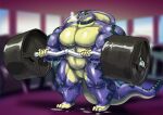  anthro barbell biped blue_body blue_scales bodily_fluids collar exercise featureless_crotch hi_res holding_object inside male muscular muscular_anthro muscular_male nude reptile scales scalie snake solo standing sweat vdisco weightlifting workout yellow_body yellow_eyes yellow_scales 