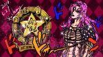  1boy abs black_lips checkered_background diavolo hair_over_one_eye highres jojo_no_kimyou_na_bouken looking_at_viewer male_focus muscular muscular_male pink_hair polka_dot_hair pumpkinman red_background red_eyes solo topless_male vento_aureo 
