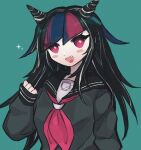  1girl :d alternate_costume bangs black_hair black_sailor_collar blue_hair blush blush_stickers clenched_hand danganronpa_(series) danganronpa_2:_goodbye_despair fang green_background hair_horns hand_up kara_aren long_hair looking_at_viewer mioda_ibuki multicolored_hair neckerchief pink_eyes pink_hair pink_neckerchief sailor_collar simple_background smile solo upper_body white_hair 