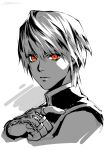  1boy closed_mouth eye_focus hand_up highres hunter_x_hunter kotatsu_(g-rough) kurapika looking_at_viewer male_focus portrait red_eyes signature solo spot_color white_background 