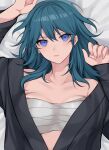  1girl bandages bandeau bangs banned_artist bare_shoulders bed_sheet black_robe blue_eyes blue_hair breasts byleth_(fire_emblem) byleth_(fire_emblem)_(female) chest_sarashi commentary_request fire_emblem fire_emblem:_three_houses hair_between_eyes highres large_breasts lips long_hair looking_at_viewer lying off_shoulder on_back robe sarashi shimizu_akina solo strapless tube_top upper_body 
