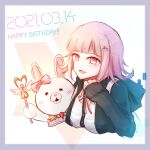  1girl :d bangs black_jacket blunt_bangs blush border bow breasts cropped_torso danganronpa_(series) danganronpa_2:_goodbye_despair dress_shirt ear_bow eyebrows_visible_through_hair galaga hair_ornament happy_birthday holding holding_staff hood hood_down jacket large_breasts nanami_chiaki neck_ribbon open_clothes open_jacket open_mouth pink_border pink_bow pink_eyes ribbon san_tu_(shamrock) shirt smile staff usami_(danganronpa) 