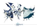  3girls absurdres animal_ears arknights astesia_(arknights) astesia_(frlibre_on_the_palace)_(arknights) astesia_(starseeker)_(arknights) bare_shoulders bird bird_ears black_gloves blue_eyes blue_hair bright_pupils character_name copyright_name dress frilled frilled_dress frills from_behind from_side full_body gloves gold_trim gradient hair_ornament high_heels highres holding holding_microphone_stand holding_sword holding_telescope holding_weapon leaning_forward liliyfox_(1342611535) long_dress long_hair looking_at_viewer microphone microphone_stand moon multiple_girls multiple_persona official_alternate_costume open_mouth smile star_(symbol) sword teeth upper_teeth weapon white_gloves white_pupils wide_brim winged_sword 