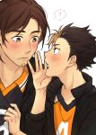  ! 2boys azumane_asahi bangs black_hair black_jacket blonde_hair blush brown_eyes brown_hair dcon_34 dyed_bangs facial_hair haikyuu!! highres jacket looking_at_another male_focus multiple_boys nishinoya_yuu simple_background sportswear volleyball_uniform white_background 