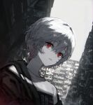  1girl absurdres ayanami_rei bangs building commentary_request day es-ther eyebrows_visible_through_hair grey_theme highres looking_at_viewer neon_genesis_evangelion open_clothes outdoors parted_lips red_eyes shirt short_hair sky solo spot_color upper_body 