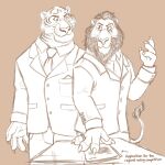  2022 4_fingers anthro arrow claws clothed clothing disney dragontzin duo eye_contact eye_scar facial_scar felid fingers fur furniture hi_res lion looking_at_another male mammal mane necktie pantherine paper raised_tail ring scar scar_(the_lion_king) shere_khan smile smirk standing suit table text the_lion_king tiger whiskers 