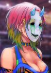  1girl asuka_(wrestler) bare_shoulders blue_choker blurry blurry_background breasts choker cleavage earrings jewelry mask meowyin multicolored_hair pink_hair short_hair signature solo wrestling_outfit wrestling_ring wwe 
