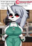  absurd_res apron apron_only big_breasts blush breasts canid canid_demon cleavage clothed clothing demon fur hellhound helluva_boss hi_res huge_breasts i_mean_breast_milk loona_(helluva_boss) mammal meme mostly_nude multicolored_body multicolored_fur raydonxd red_sclera two_tone_body two_tone_fur 
