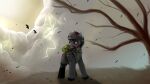  armor avian bird boots clothing detailed_background equid equine feral footwear ghoul_(fallout) headgear helmet hi_res horse lightning male mammal moonrunes plant pony solo storm tree world_war_2 ych_result 