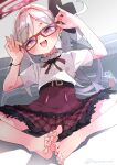  1girl absurdres barefoot blue_archive blush fang feet flower glasses hair_flower hair_ornament halo highres koyansuee long_hair looking_at_viewer mutsuki_(blue_archive) open_mouth purple_eyes red_skirt shirt short_sleeves silver_hair sitting skin_fang skirt solo toes white_shirt 