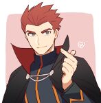  1boy black_cape cape closed_mouth commentary_request finger_heart grey_eyes grey_jacket hand_up heart jacket lance_(pokemon) long_sleeves male_focus pokemon pokemon_(game) pokemon_hgss popped_collar red_hair short_hair smile solo spiked_hair y_(036_yng) 