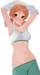  1girl absurdres armpits arms_up bangs blush breasts cleavage clothes_pull green_pants groin highres idolmaster idolmaster_cinderella_girls komatsu_ibuki looking_at_viewer medium_breasts navel onao orange_hair pants pants_pull parted_bangs simple_background solo sports_bra sweatdrop twintails undressing white_background 