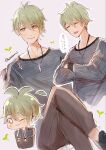  1boy :d amami_rantarou antenna_hair artist_name bangs brown_pants chibi closed_eyes collarbone crossed_arms crossed_legs danganronpa_(series) danganronpa_v3:_killing_harmony eyebrows_visible_through_hair green_eyes green_hair grey_background hair_between_eyes hakamii heart highres jewelry multiple_views necklace open_mouth pants shirt short_hair sitting smile speech_bubble striped striped_shirt translation_request 