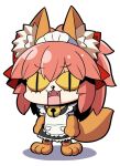  1girl :3 :d animal_collar animal_ear_fluff animal_ears animal_feet animal_hands apron bangs bell bow chibi collar commentary_request eyebrows_visible_through_hair fangs fate/grand_order fate_(series) fox_ears fox_girl fox_tail hair_between_eyes hair_bow jingle_bell long_hair looking_at_viewer maid maid_apron maid_headdress multicolored_hair neck_bell open_mouth plover ponytail red_bow shadow short_sleeves sidelocks simple_background slit_pupils smile solo standing streaked_hair tail tamamo_(fate) tamamo_cat_(fate) tamamo_cat_(second_ascension)_(fate) tongue white_background |_| 