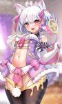  1girl absurdres bangs blush breasts fate/grand_order fate_(series) hair_ribbon highres kama_(fate) looking_at_viewer magical_girl nepodayo red_eyes ribbon short_hair silver_hair small_breasts thighs 