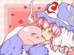  1girl :d bangs blue_headwear closed_eyes closed_mouth colored_eyelashes eyebrows_visible_through_hair hat heart hiiragisphere holding_person hug kirby kirby_(series) m.u.g.e.n mob_cap open_mouth pink_background pink_hair saigyouji_yuyuko short_hair smile touhou triangular_headpiece 