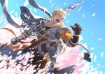  1boy armor armored_boots axe bangs blonde_hair boots brown_gloves gloves granblue_fantasy green_eyes halberd highres holding holding_polearm holding_weapon large_pectorals male_focus muscular muscular_male open_mouth pauldrons pectorals petals polearm shoulder_armor single_pauldron sky_kbuc solo vambraces vane_(granblue_fantasy) weapon 
