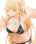  1girl bangs bikini blonde_hair breasts chest_jewel large_breasts long_hair mythra_(xenoblade) one_eye_closed simple_background solo sou_(pale_1080) swept_bangs swimsuit very_long_hair white_background xenoblade_chronicles_(series) xenoblade_chronicles_2 yellow_eyes 