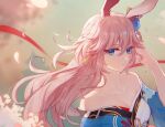  1girl animal_ears bangs bare_shoulders blue_eyes blue_kimono blurry blurry_background breasts cleavage closed_mouth collarbone depth_of_field earrings eyebrows_visible_through_hair hair_ornament highres honkai_(series) honkai_impact_3rd japanese_clothes jewelry kimono kimono_pull long_hair long_sleeves looking_at_viewer medium_breasts petals pink_hair silence_(pixiv18541142) solo tassel tassel_earrings upper_body wide_sleeves yae_sakura 