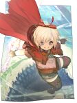  1girl avatar_(ff14) bangs blonde_hair blue_eyes bow cape eyebrows_visible_through_hair final_fantasy final_fantasy_xiv hair_bow hide_(hideout) highres holding hood hood_down hooded_cape lalafell open_mouth short_hair shorts solo thighhighs 
