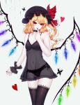  1girl alternate_costume bare_shoulders black_legwear black_nails black_panties blonde_hair flandre_scarlet grey_background hat hat_ribbon heart highres kfre_(gehm8472) looking_at_viewer mob_cap nail_polish navel panties red_eyes red_nails ribbon sheya_(style) simple_background smile solo thighhighs touhou underwear wings 