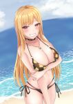  1girl absurdres arm_under_breasts bangs bare_shoulders beach bikini black_bikini black_choker blonde_hair blush breasts choker cleavage cloud cowboy_shot eyebrows_visible_through_hair fingernails floral_print gem gyaru highres jewelry kevin5573 kitagawa_marin large_breasts lips long_fingernails long_hair looking_at_viewer midriff multi-strapped_bikini nail_polish necklace o-ring o-ring_top ocean outdoors pink_nails print_bikini red_eyes shiny shiny_skin side-tie_bikini skindentation sky smile solo sono_bisque_doll_wa_koi_wo_suru stomach straight_hair swimsuit teeth very_long_hair 