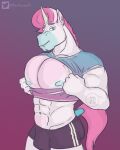  abs absurd_res anthro bottomwear clothed clothing equid equine fur hair hi_res horn male mammal muscular muscular_anthro muscular_male nipples open_clothing open_shirt open_topwear pecs pink_hair shirt simple_background smile solo tight_clothing topwear torn_clothing unibro_pi unibro_pi_(character) unicorn 