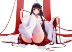  1girl allenes ass bangs black_hair blunt_bangs blush breasts greek_toe highres japanese_clothes large_breasts long_hair looking_at_viewer miko original partially_visible_anus red_eyes red_rope rope soles solo thighhighs toes white_legwear 