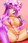  blush book breasts crescent crescent_hair_ornament crescent_hat_ornament elbow_gloves embodiment_of_scarlet_devil gloves hair_ornament hat hat_ornament highres honda_takaharu large_breasts long_hair mob_cap patchouli_knowledge purple_eyes purple_hair slingshot slingshot_swimsuit swimsuit thighhighs touhou very_long_hair youkai 