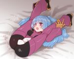  1girl bangs blue_hair blush bodysuit breasts cropped_jacket highres kula_diamond leg_lift long_hair lying medium_breasts on_back red_eyes sumiyao_(amam) the_king_of_fighters 