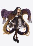  159cm 1girl ankle_boots arms_at_sides bangs blonde_hair boots breasts cobra_(animal) dress full_body grey_background habit highres looking_at_viewer nun open_mouth original pantyhose purple_eyes small_breasts snake solo standing veil 