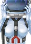  1girl arms_up blue_hair blush bodysuit breasts breath commentary_request covered_nipples gloves head_out_of_frame helmet kikuhara_karin koyan1490 medium_breasts open_mouth pilot_suit skin_tight solo spacesuit stratos_4 visor white_bodysuit white_gloves 