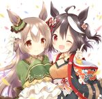  2girls ;d ahoge animal_ears black_hair blush breasts brown_eyes brown_hair cleavage closed_mouth commentary_request confetti green_jacket hand_up horse_ears index_finger_raised jacket kitasan_black_(umamusume) long_hair long_sleeves medium_breasts multicolored_hair multiple_girls nanase_miori one_eye_closed open_clothes red_eyes satono_diamond_(umamusume) simple_background sleeves_past_fingers sleeves_past_wrists smile sparkle streaked_hair two-tone_hair two_side_up umamusume upper_body very_long_hair white_background white_hair wide_sleeves 
