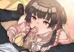  1boy 1girl bangs black_hair blush censored cum cum_in_mouth erere idolmaster idolmaster_shiny_colors long_hair male_pubic_hair mayuzumi_fuyuko mosaic_censoring open_mouth penis pubic_hair spread_legs sweat tears two_side_up yellow_eyes 