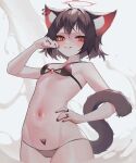  1girl :d absurdres animal_ear_fluff animal_ears bandaid bandaid_on_neck bare_arms bare_shoulders bikini black_bikini black_hair black_nails breasts cameltoe cat_ears cat_girl cat_tail chinese_commentary commentary_request cowboy_shot ear_piercing fingernails halo hand_on_hip hei_yksk highres holding jewelry long_fingernails looking_at_viewer multiple_rings nail_polish navel o-ring o-ring_bikini o-ring_top original parted_lips piercing red_eyes ring short_hair small_breasts smile solo stomach sweat swimsuit tail v-shaped_eyebrows 