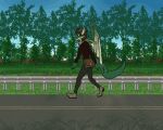  animated anthro arcturus_ansel bag bearglyph brown_hair clothed clothing crosslink day detailed_background dragon eyewear glasses grass green_body green_scales green_tail guardrail hair horn male outside plant red_eyes road scales scarf sky solo tail_motion tree walk_cycle wing_claws wings 