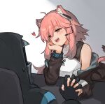  1girl 1other ahoge animal_ear_fluff animal_ears arknights arm_rest bangs black_jacket brown_eyes doctor_(arknights) eyebrows_visible_through_hair gloves gravel_(arknights) hair_between_eyes head_rest headset heart hetero highres holding_hands jacket long_hair long_sleeves looking_at_another mabing mouse_ears off_shoulder open_clothes open_mouth pink_hair shirt simple_background smile sweatdrop tail 
